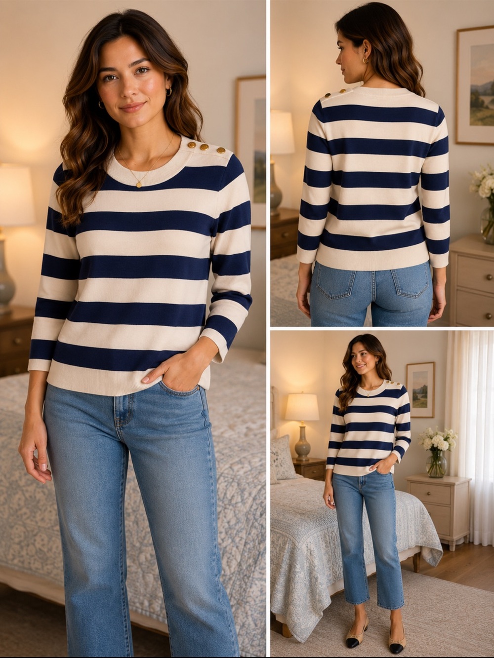 Kate Spade Blue & White Striped Button Shoulder Sweater Size Small
